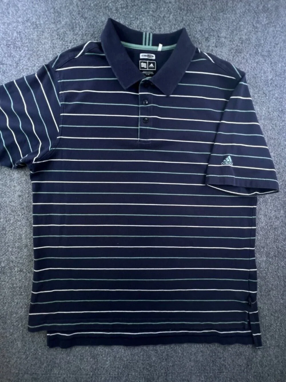 Adidas Polo Shirt Mens Large Blue Green White Striped Short Sleeve Cotton Blend